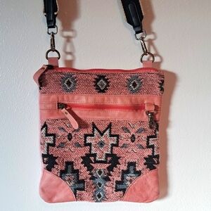 Southwestern Myra Bag Crossbody Woven Cotton Leather Purse Pink